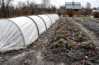 Открытая и укрытая агроволокном грядка клубники поздней осенью