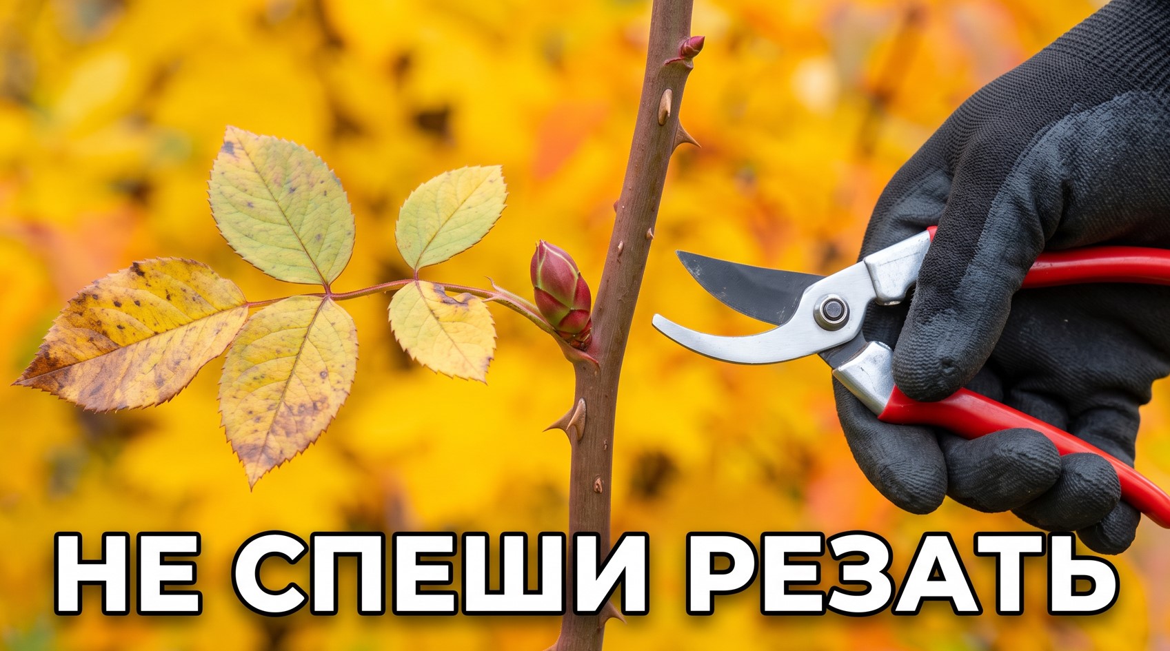 Осенняя почка розы рядом с раскрытым секатором